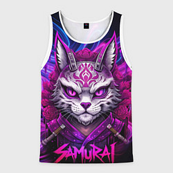 Майка-безрукавка мужская Кот самурай в ярких фиолетовых оттенках, цвет: 3D-белый