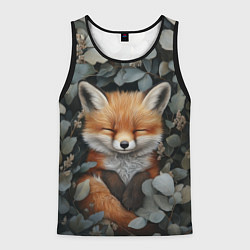 Майка-безрукавка мужская Спящий лисёнок в листве, цвет: 3D-черный