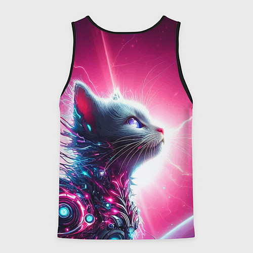 Мужская майка без рукавов Космический кибер котёнок - неоновое свечение / 3D-Черный – фото 2