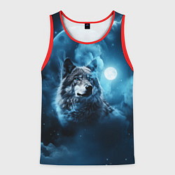 Майка-безрукавка мужская Волк ночное синее небо, цвет: 3D-красный