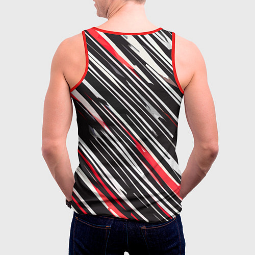 Мужская майка без рукавов Диагональные красно-белые полосы на чёрном фоне / 3D-Красный – фото 4