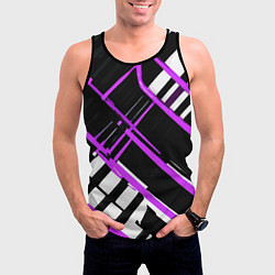 Майка-безрукавка мужская Фиолетово-белые линии на чёрном фоне, цвет: 3D-черный — фото 2