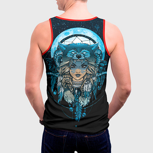 Мужская майка без рукавов Девушка-шаманка в шапке волка / 3D-Красный – фото 4