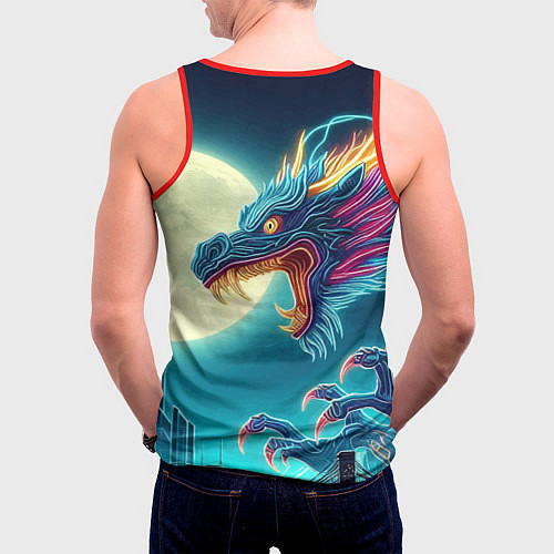 Мужская майка без рукавов Японский свирепый дракон на фоне луны / 3D-Красный – фото 4