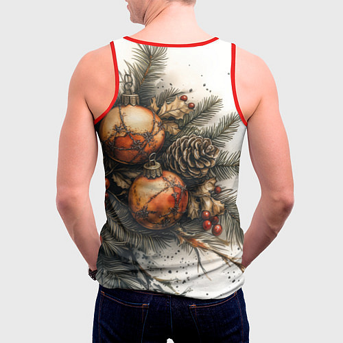 Мужская майка без рукавов Новогодние игрушки и шишки / 3D-Красный – фото 4