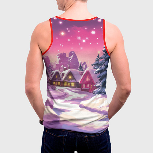 Мужская майка без рукавов Новогодние домики и фиолетовый закат / 3D-Красный – фото 4