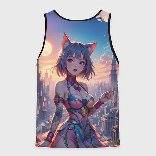 Мужская майка без рукавов Аниме в фантастическом городе / 3D-Черный – фото 2