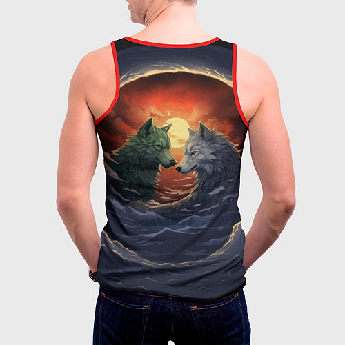 Мужская майка без рукавов Волк и волчица в море под луной / 3D-Красный – фото 4