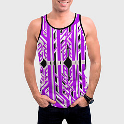 Майка-безрукавка мужская Бело-фиолетовые техно полосы на чёрном фоне, цвет: 3D-черный — фото 2