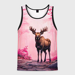 Майка-безрукавка мужская Лось в розовом лесу, цвет: 3D-черный