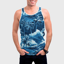 Майка-безрукавка мужская Пальмы и волны - голубые оттенки паттерн, цвет: 3D-белый — фото 2