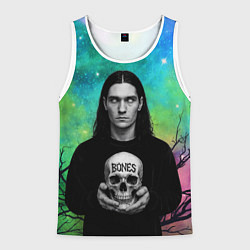 Майка-безрукавка мужская Bones без зрачков держит череп в руках, цвет: 3D-белый