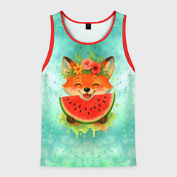 Майка-безрукавка мужская Веселая лисичка ест арбуз, цвет: 3D-красный