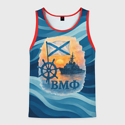 Майка-безрукавка мужская ВМФ корабль на фоне заката, цвет: 3D-красный