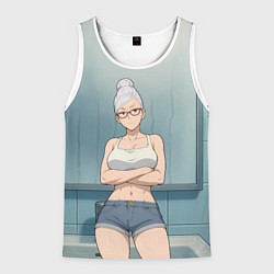 Майка-безрукавка мужская Дандадан бабушка в ванной, цвет: 3D-белый