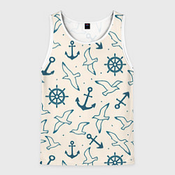 Майка-безрукавка мужская Морской паттерн из штурвалов, чаек и якорей, цвет: 3D-белый