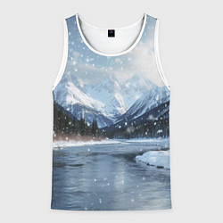 Майка-безрукавка мужская Снежный горный пейзаж с елями и рекой, цвет: 3D-белый