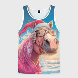 Майка-безрукавка мужская Новогодняя лошадь в очках, цвет: 3D-белый