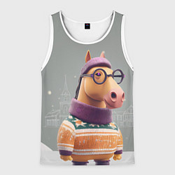 Майка-безрукавка мужская Новогодняя лошадка хипстер, цвет: 3D-белый