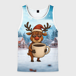 Майка-безрукавка мужская Уставший новогодний олень с кофе, цвет: 3D-белый