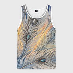 Майка-безрукавка мужская Синие перья с самоцветами, цвет: 3D-белый