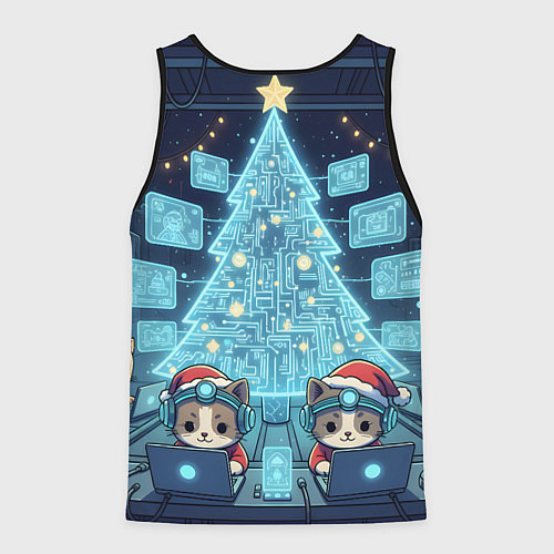 Мужская майка без рукавов Новогодние котики айтишники / 3D-Черный – фото 2