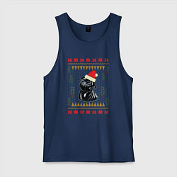 Майка мужская хлопок Рождественский свитер Черный мопс, цвет: тёмно-синий