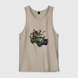 Майка мужская хлопок Персонажи жожо едут на уазике джо джо, цвет: миндальный