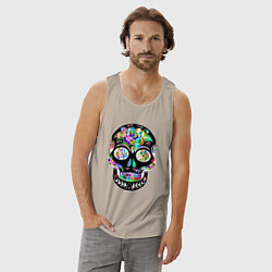 Майка мужская хлопок Чёрный мексиканский череп с разноцветными цветами, цвет: миндальный — фото 2