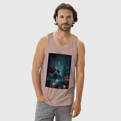 Майка мужская хлопок Нейросеть - Ночной Париж, цвет: пыльно-розовый — фото 2