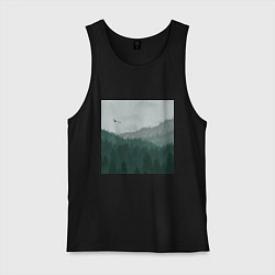 Майка мужская хлопок Туманные холмы и лес, цвет: черный