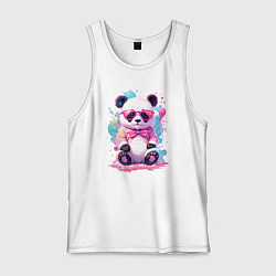 Майка мужская хлопок Милая панда в розовых очках и бантике, цвет: белый