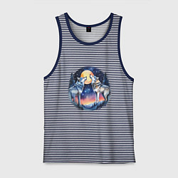 Майка мужская хлопок Два зимних волка в лесу воют на луну, цвет: синяя тельняшка