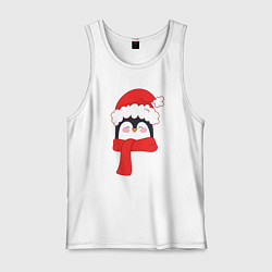 Майка мужская хлопок Новогодний пингвин в шапке Деда Мороза, цвет: белый