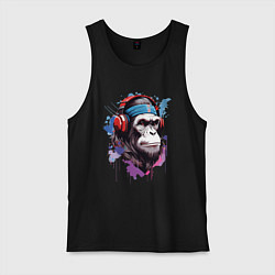 Майка мужская хлопок Шимпанзе в наушниках, цвет: черный