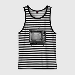 Майка мужская хлопок Старый телевизор черно-белый шум и череп, цвет: черная тельняшка