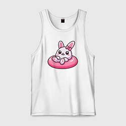 Майка мужская хлопок Смешной розовый кролик в надувном круге, цвет: белый