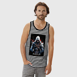 Майка мужская хлопок Assassins creed огненный фон, цвет: черная тельняшка — фото 2