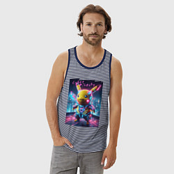 Майка мужская хлопок Cyber Pikachu - neon glow ai art fantasy, цвет: синяя тельняшка — фото 2