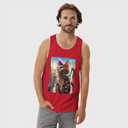 Майка мужская хлопок Funny cat punk from New York - ai art, цвет: красный — фото 2