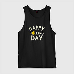Майка мужская хлопок Happy f**king day - надпись и смайл, цвет: черный