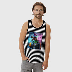 Майка мужская хлопок Dinosaur dude with a beer mug wearing headphones a, цвет: черная тельняшка — фото 2