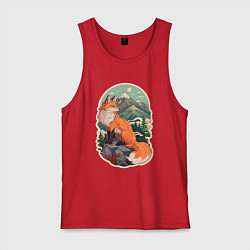 Майка мужская хлопок Лиса и горы, цвет: красный