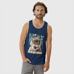 Майка мужская хлопок Кот аналитик - нейроарт, цвет: тёмно-синий — фото 2