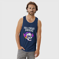 Майка мужская хлопок Hollywood Undead - неоновый череп, цвет: тёмно-синий — фото 2