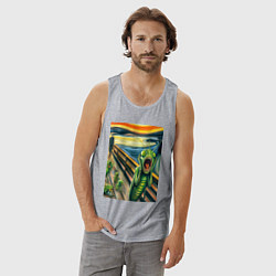 Майка мужская хлопок Кузнечик кричит на картине Эдварда Мунка - мем иск, цвет: меланж — фото 2