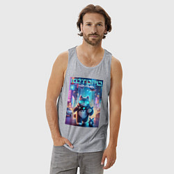 Майка мужская хлопок Которо в неоновом городе - мем, цвет: меланж — фото 2