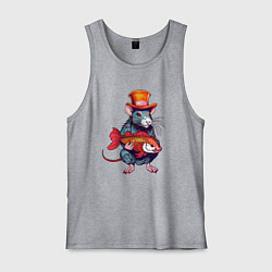 Майка мужская хлопок Крыса с рыбой в японском стиле, цвет: меланж