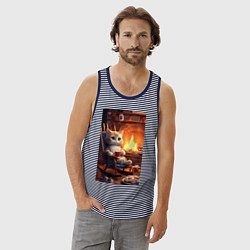 Майка мужская хлопок Уютный кот у камина с чашкой какао, цвет: синяя тельняшка — фото 2