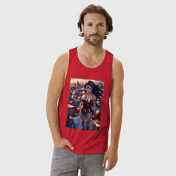 Майка мужская хлопок Чудо-женщина на крыше с городским фоном в стиле ко, цвет: красный — фото 2